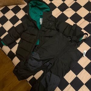 Old Navy Black Puffer Jacket with Teal Lining and Black Snow Bib